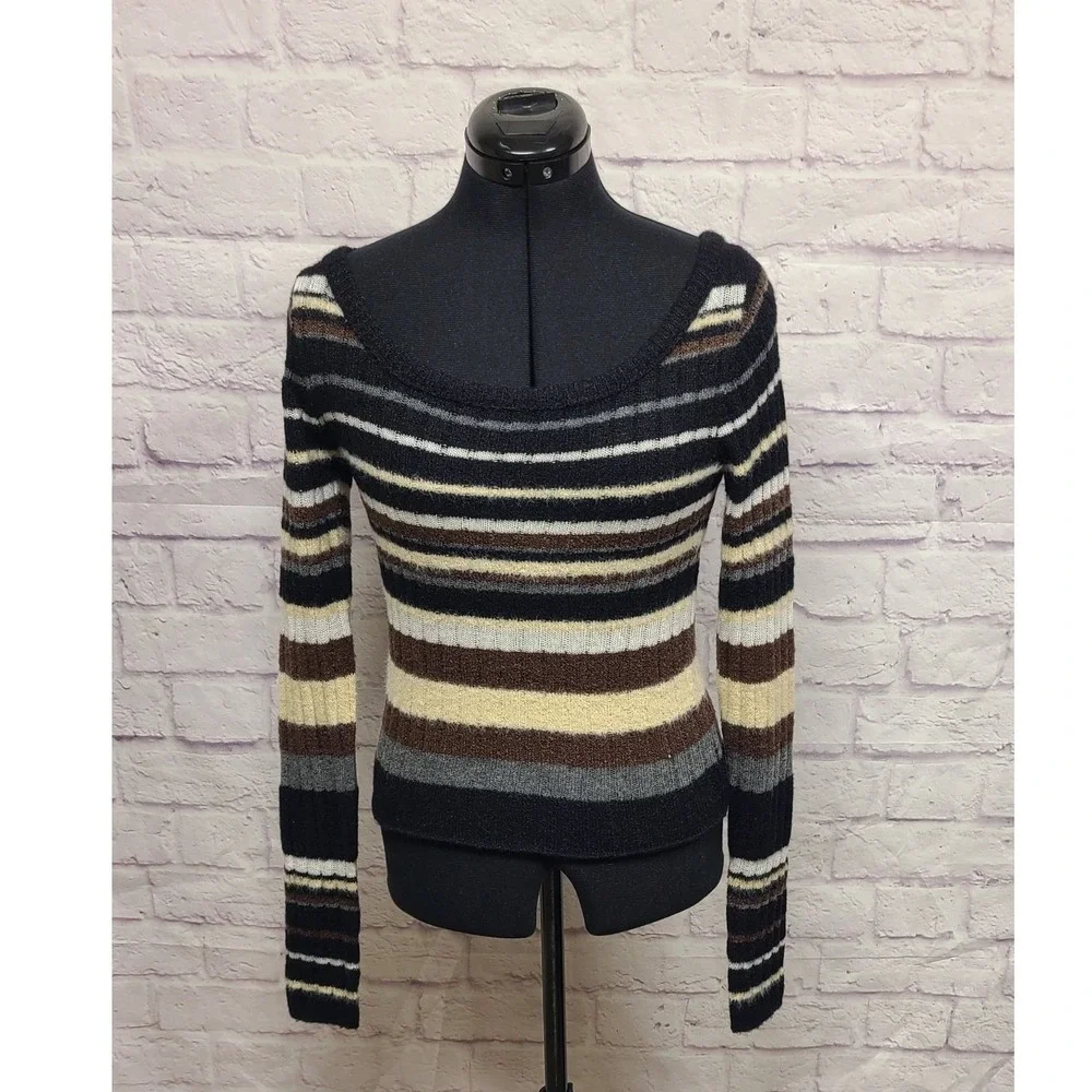 Free People Striped‎ Off The Shoulder Sweater Black Brown Cream Size Small - Picture 4 of 8